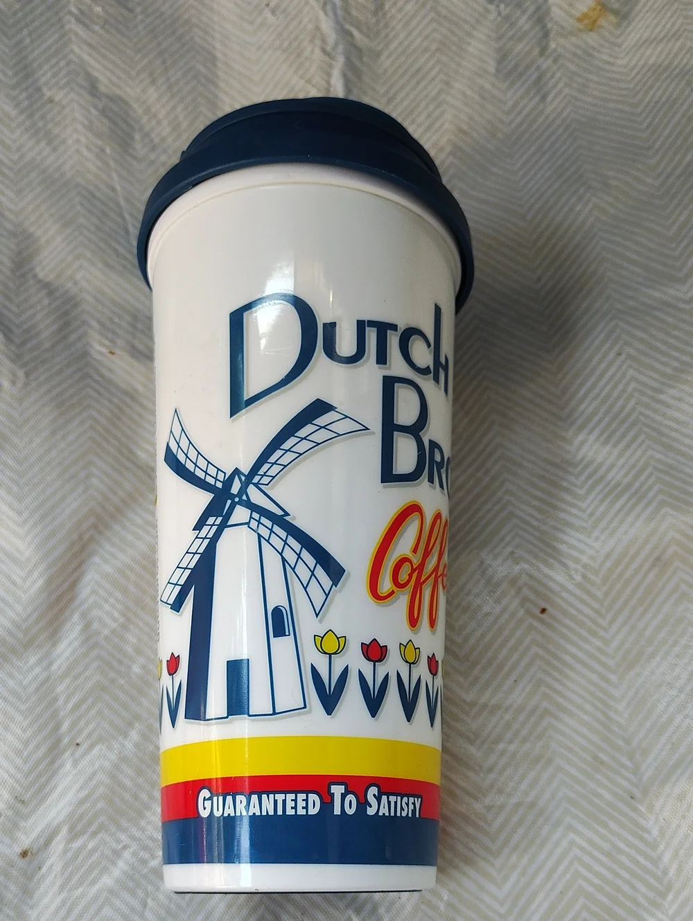 Dutch Bros White Travel Cup with Blue, Yellow & Red Accents